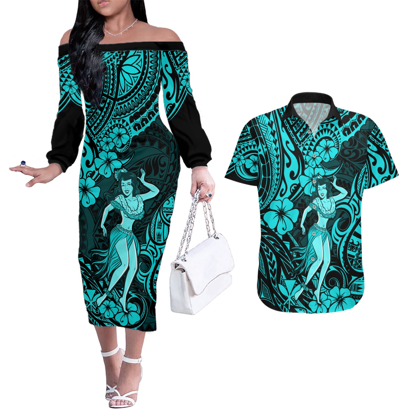 Hawaii Hula Girl Couples Matching Off The Shoulder Long Sleeve Dress and Hawaiian Shirt Hibiscus Hawaii Tribal Tattoo Turquoise Version - Wonder Print Shop