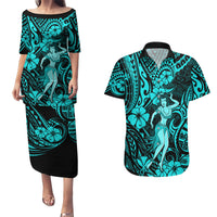 Hawaii Hula Girl Couples Matching Puletasi Dress and Hawaiian Shirt Hibiscus Hawaii Tribal Tattoo Turquoise Version - Wonder Print Shop