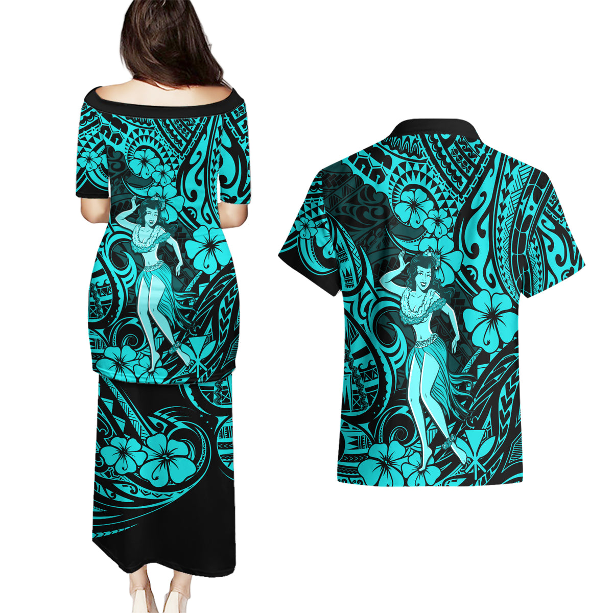Hawaii Hula Girl Couples Matching Puletasi Dress and Hawaiian Shirt Hibiscus Hawaii Tribal Tattoo Turquoise Version - Wonder Print Shop