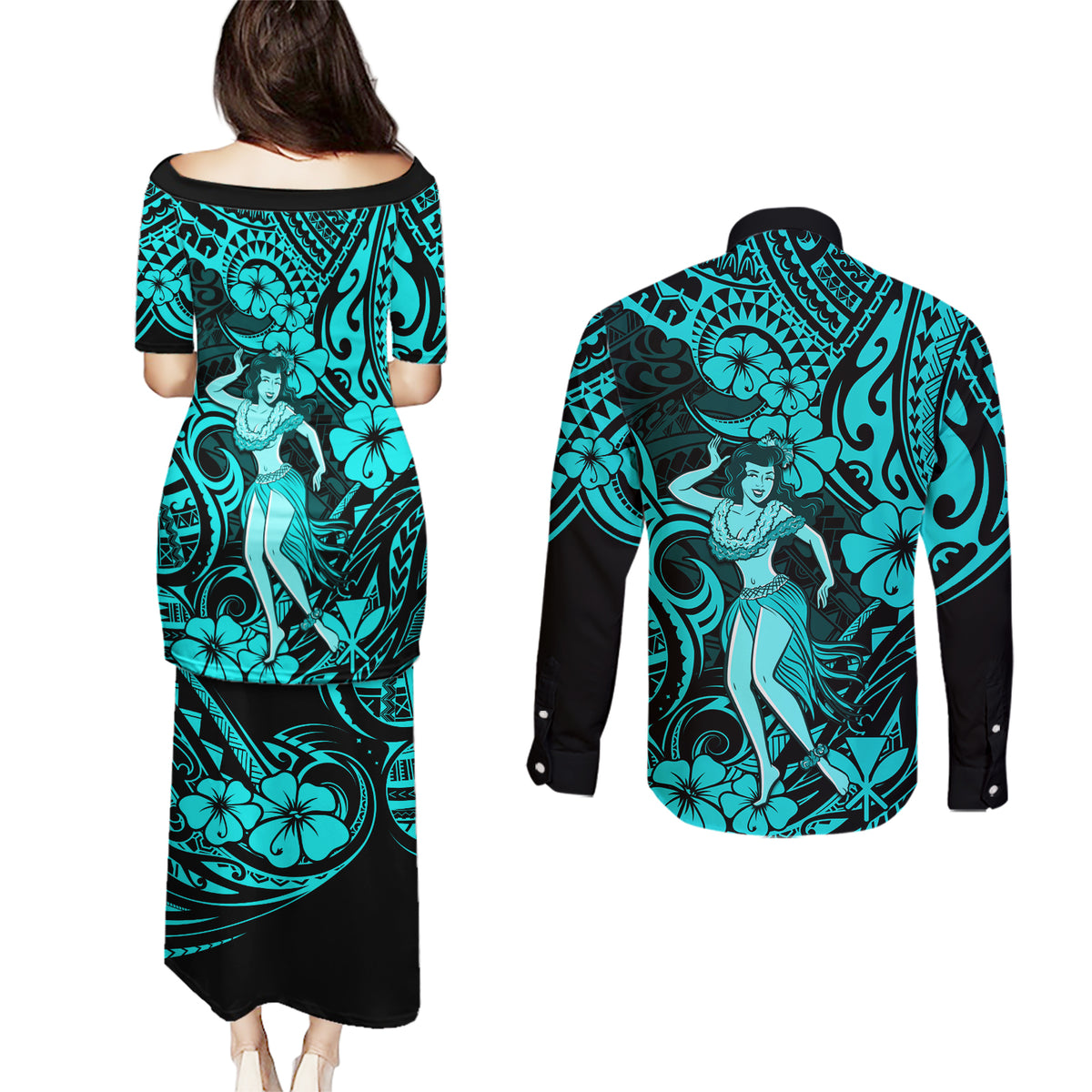 Hawaii Hula Girl Couples Matching Puletasi Dress and Long Sleeve Button Shirts Hibiscus Hawaii Tribal Tattoo Turquoise Version - Wonder Print Shop