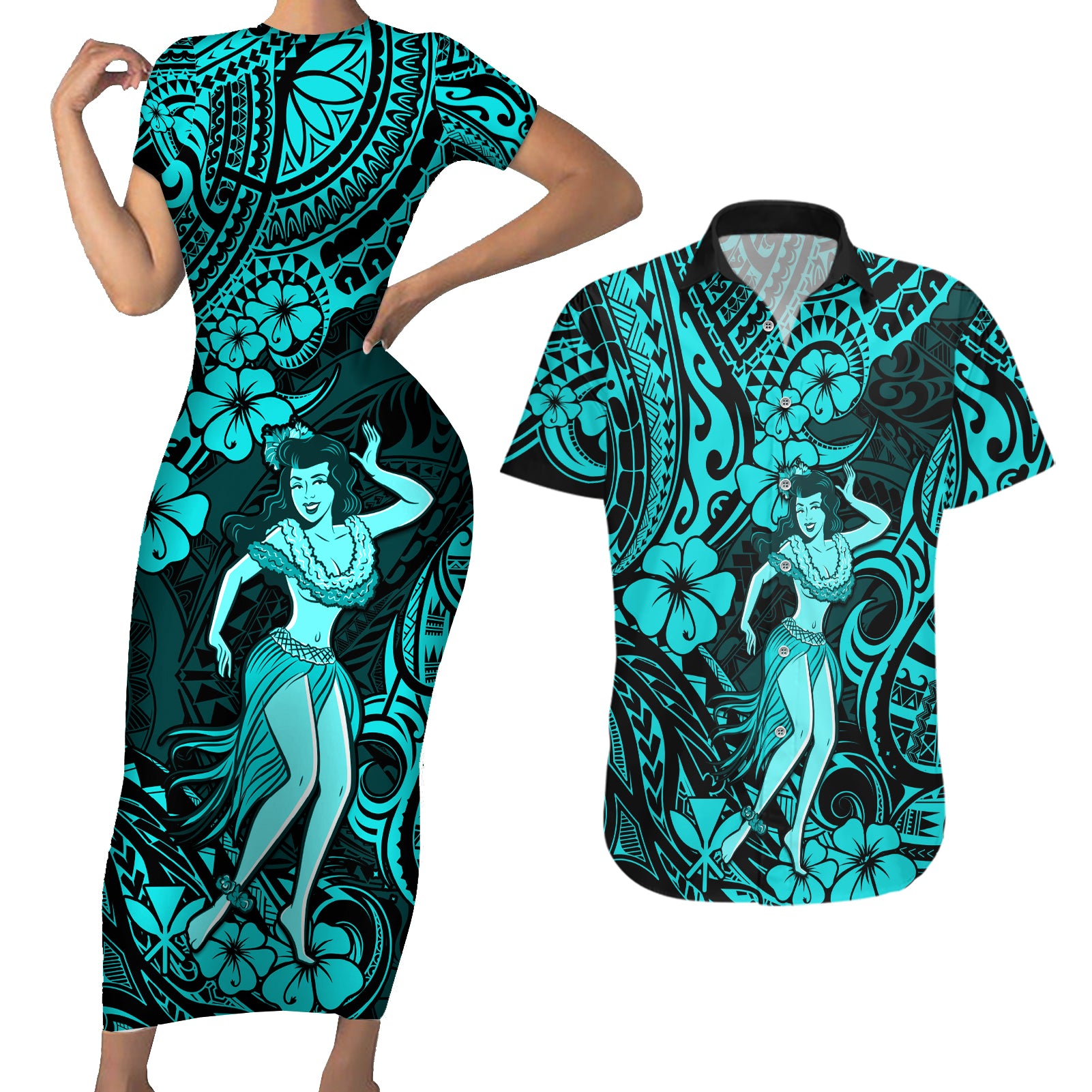Hawaii Hula Girl Couples Matching Short Sleeve Bodycon Dress and Hawaiian Shirt Hibiscus Hawaii Tribal Tattoo Turquoise Version - Wonder Print Shop