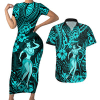 Hawaii Hula Girl Couples Matching Short Sleeve Bodycon Dress and Hawaiian Shirt Hibiscus Hawaii Tribal Tattoo Turquoise Version - Wonder Print Shop