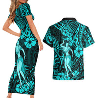 Hawaii Hula Girl Couples Matching Short Sleeve Bodycon Dress and Hawaiian Shirt Hibiscus Hawaii Tribal Tattoo Turquoise Version - Wonder Print Shop