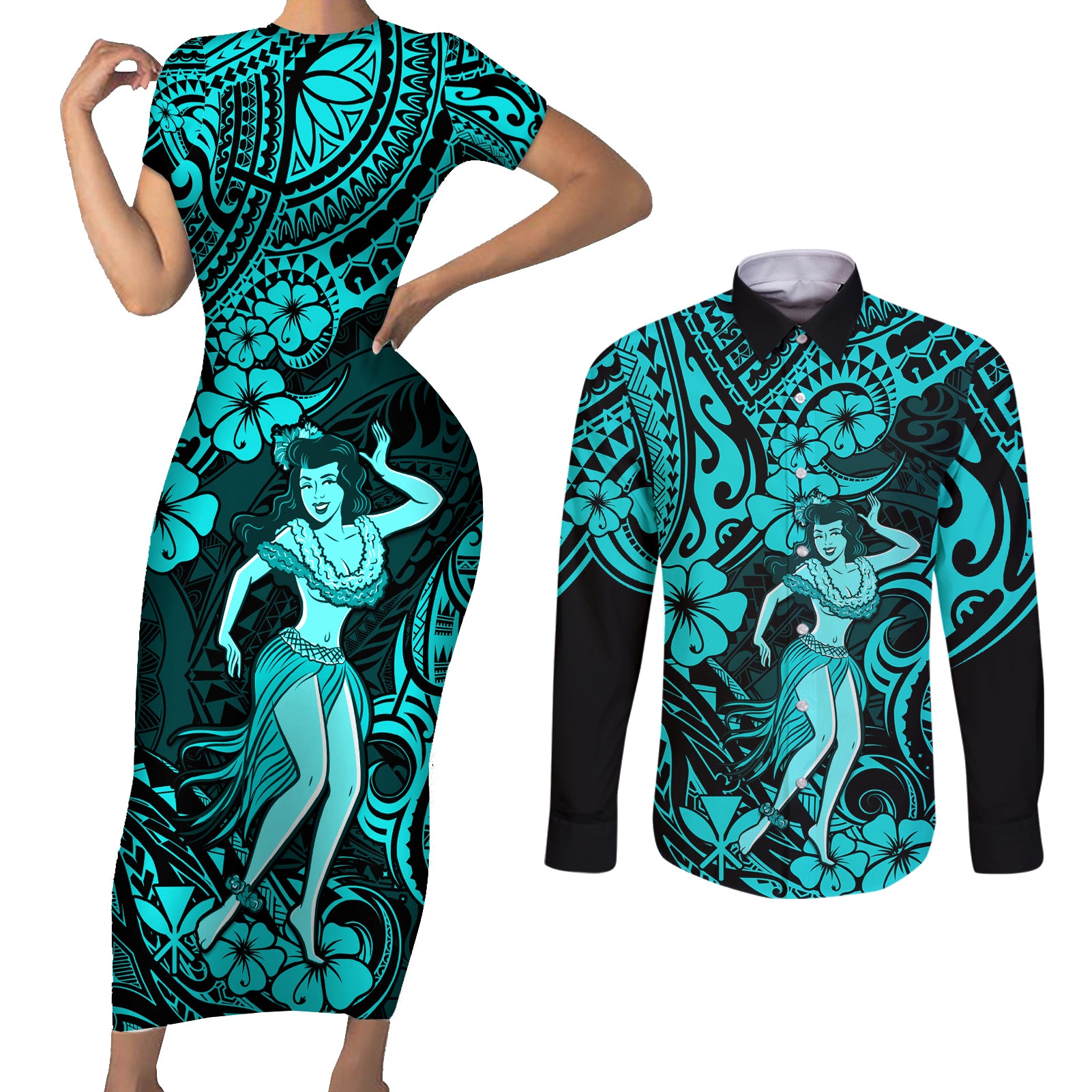 Hawaii Hula Girl Couples Matching Short Sleeve Bodycon Dress and Long Sleeve Button Shirts Hibiscus Hawaii Tribal Tattoo Turquoise Version - Wonder Print Shop
