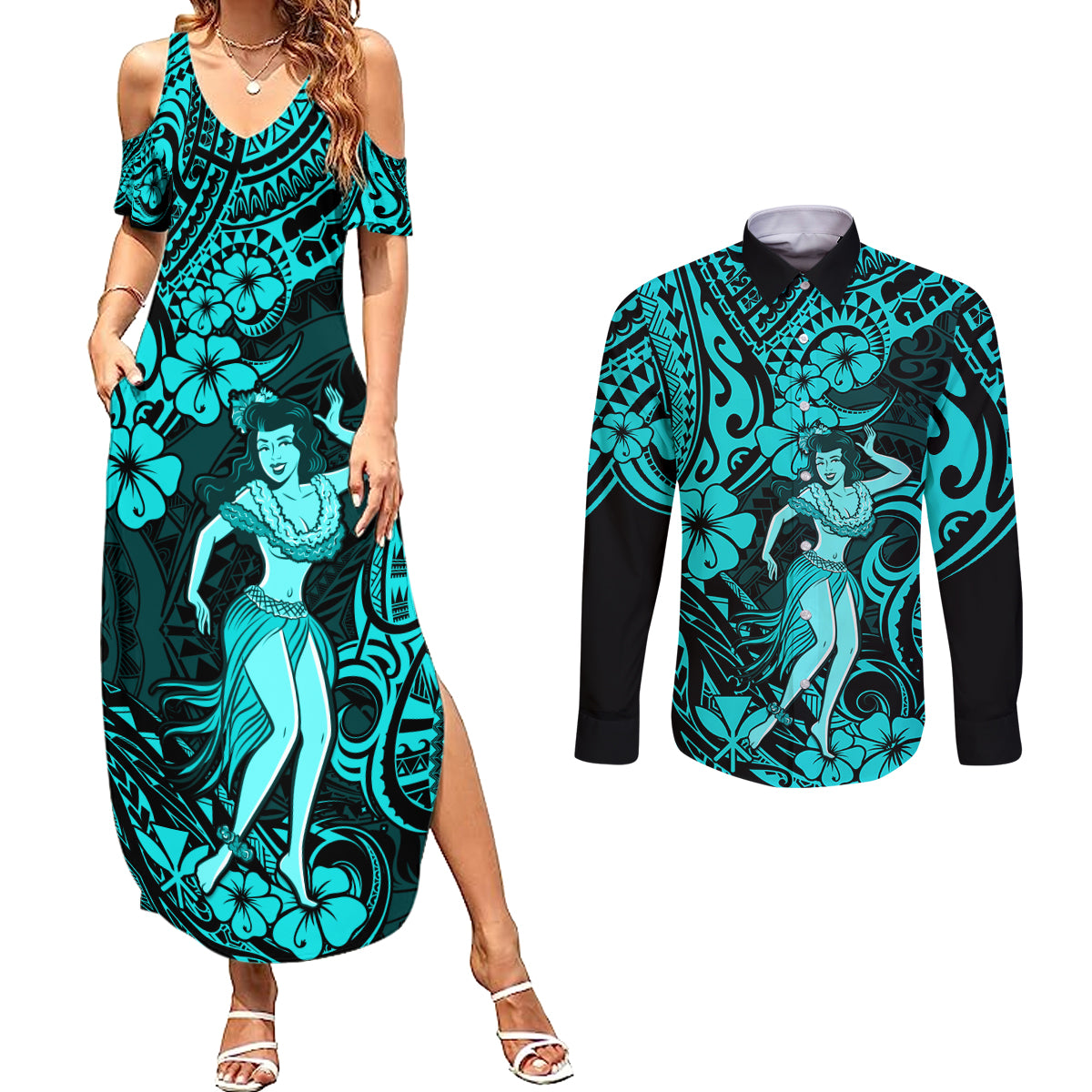 Hawaii Hula Girl Couples Matching Summer Maxi Dress and Long Sleeve Button Shirts Hibiscus Hawaii Tribal Tattoo Turquoise Version - Wonder Print Shop