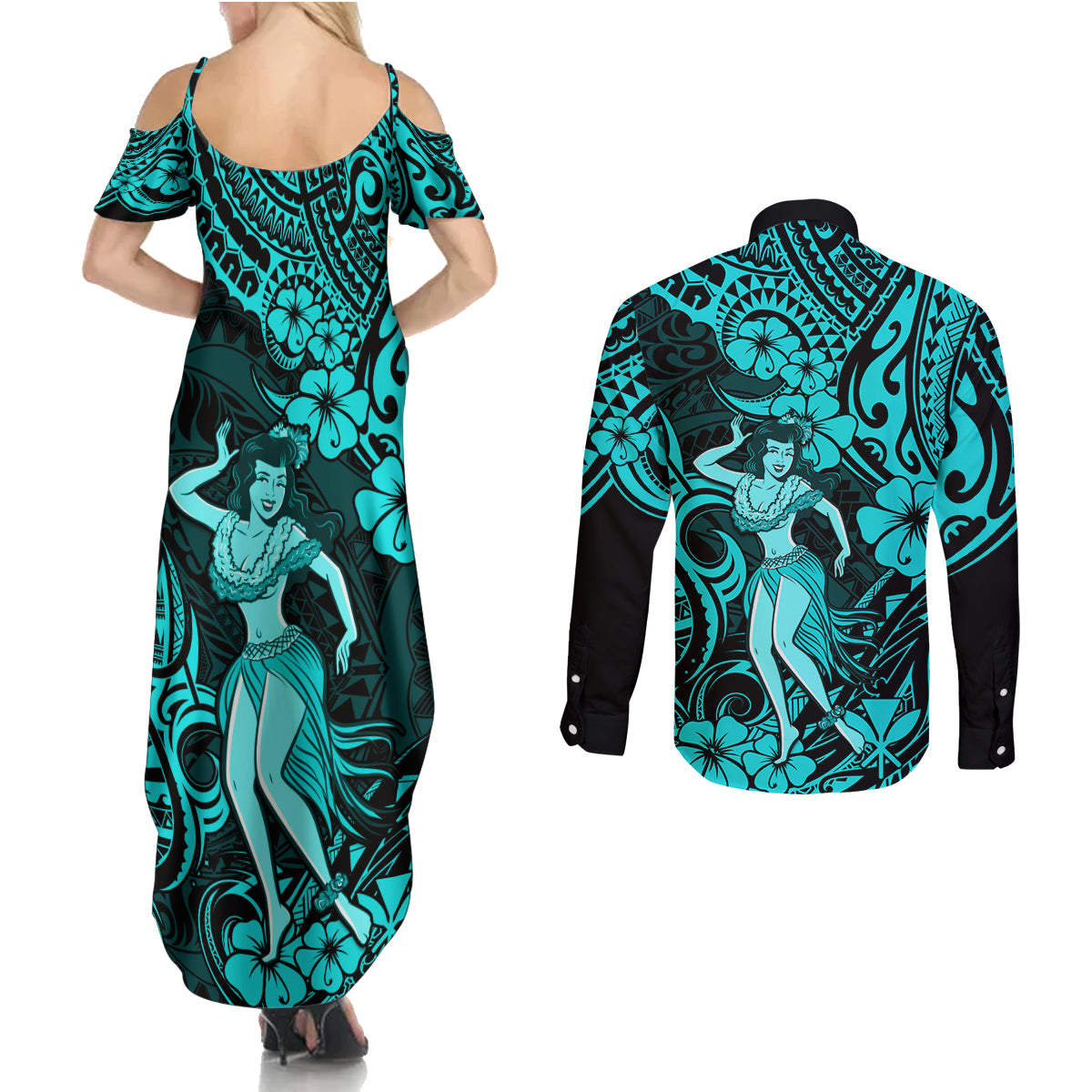 Hawaii Hula Girl Couples Matching Summer Maxi Dress and Long Sleeve Button Shirts Hibiscus Hawaii Tribal Tattoo Turquoise Version - Wonder Print Shop