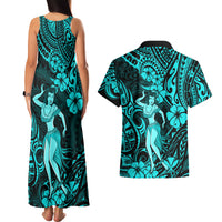 Hawaii Hula Girl Couples Matching Tank Maxi Dress and Hawaiian Shirt Hibiscus Hawaii Tribal Tattoo Turquoise Version - Wonder Print Shop
