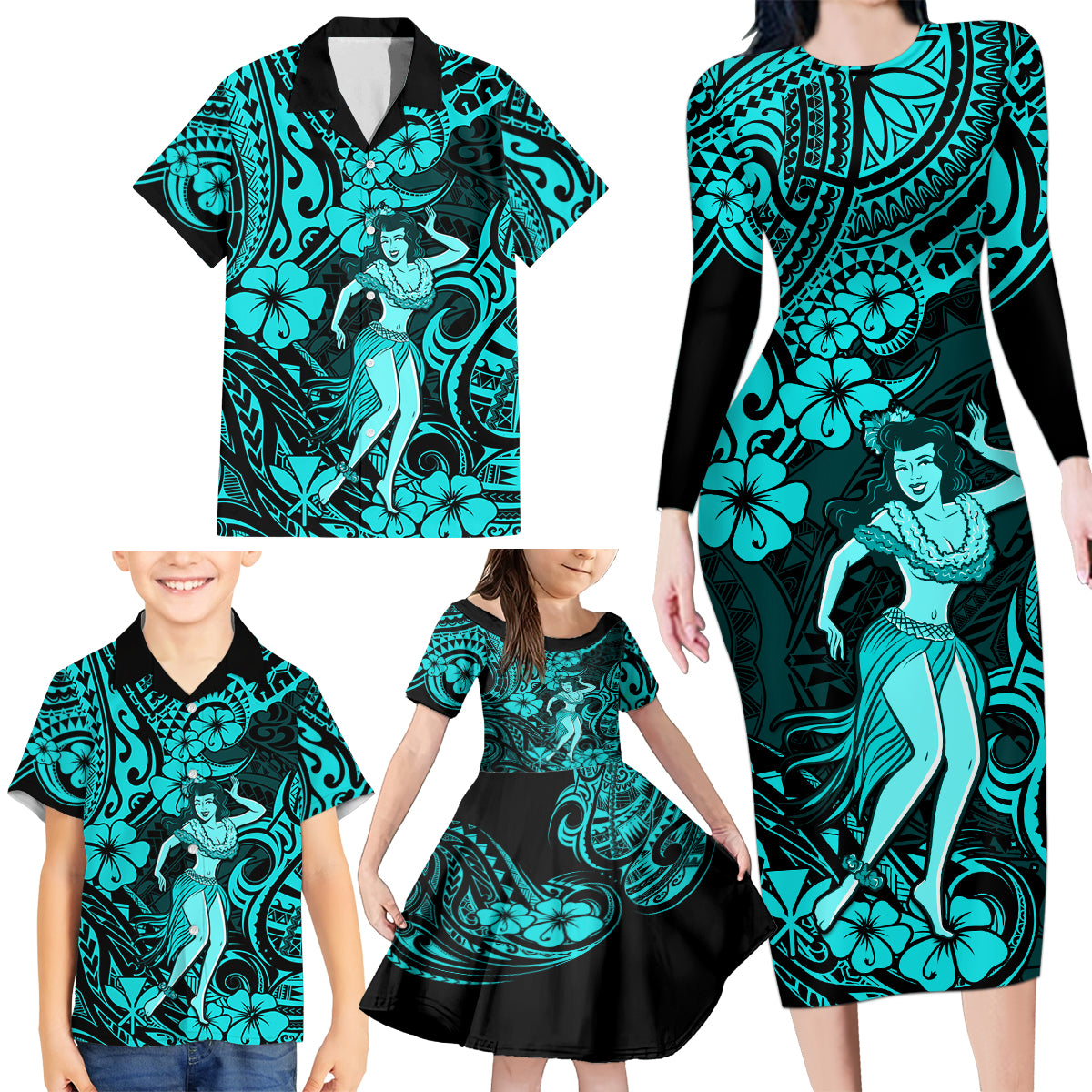 Hawaii Hula Girl Family Matching Long Sleeve Bodycon Dress and Hawaiian Shirt Hibiscus Hawaii Tribal Tattoo Turquoise Version - Wonder Print Shop