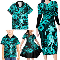 Hawaii Hula Girl Family Matching Long Sleeve Bodycon Dress and Hawaiian Shirt Hibiscus Hawaii Tribal Tattoo Turquoise Version - Wonder Print Shop