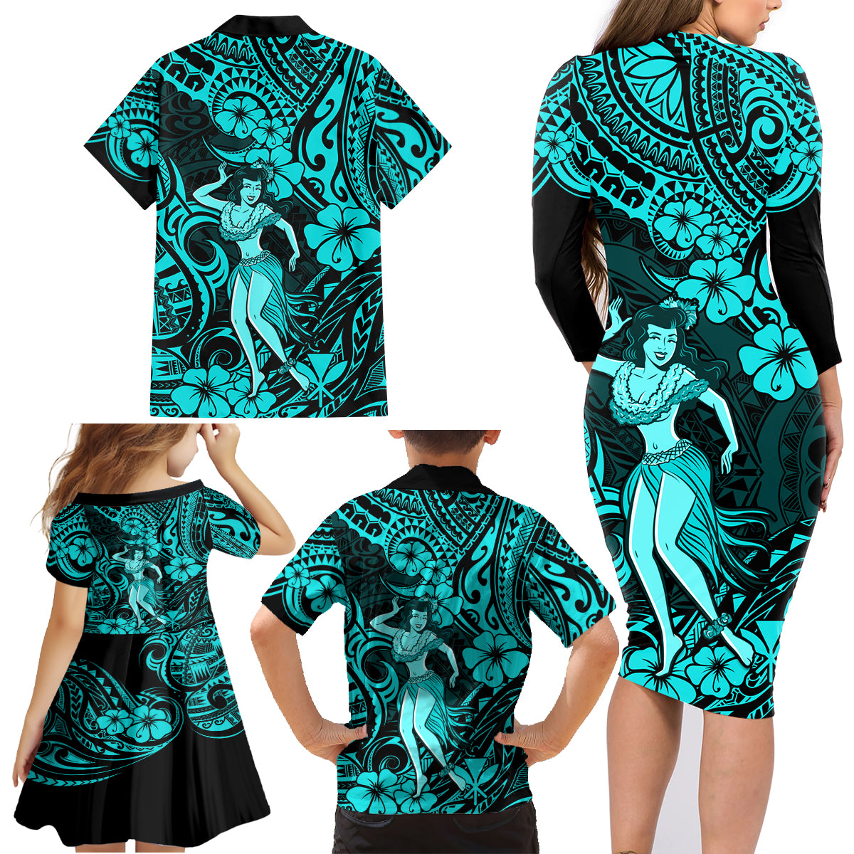 Hawaii Hula Girl Family Matching Long Sleeve Bodycon Dress and Hawaiian Shirt Hibiscus Hawaii Tribal Tattoo Turquoise Version - Wonder Print Shop