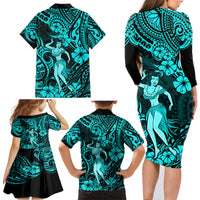 Hawaii Hula Girl Family Matching Long Sleeve Bodycon Dress and Hawaiian Shirt Hibiscus Hawaii Tribal Tattoo Turquoise Version - Wonder Print Shop