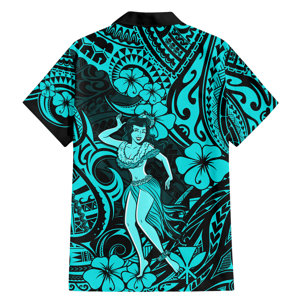Hawaii Hula Girl Family Matching Long Sleeve Bodycon Dress and Hawaiian Shirt Hibiscus Hawaii Tribal Tattoo Turquoise Version - Wonder Print Shop