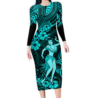 Hawaii Hula Girl Family Matching Long Sleeve Bodycon Dress and Hawaiian Shirt Hibiscus Hawaii Tribal Tattoo Turquoise Version - Wonder Print Shop