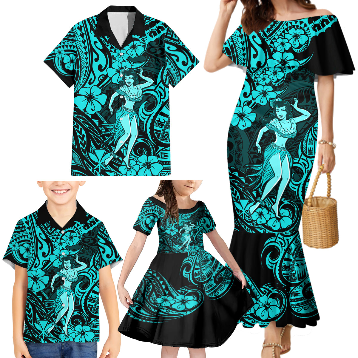 Hawaii Hula Girl Family Matching Mermaid Dress and Hawaiian Shirt Hibiscus Hawaii Tribal Tattoo Turquoise Version - Wonder Print Shop