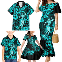 Hawaii Hula Girl Family Matching Mermaid Dress and Hawaiian Shirt Hibiscus Hawaii Tribal Tattoo Turquoise Version - Wonder Print Shop