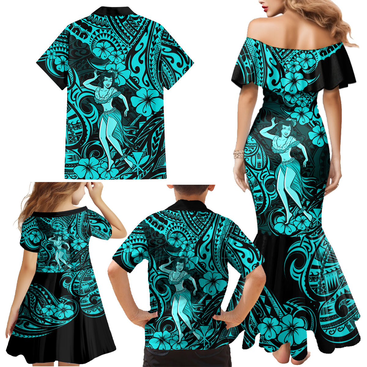 Hawaii Hula Girl Family Matching Mermaid Dress and Hawaiian Shirt Hibiscus Hawaii Tribal Tattoo Turquoise Version - Wonder Print Shop