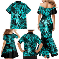 Hawaii Hula Girl Family Matching Mermaid Dress and Hawaiian Shirt Hibiscus Hawaii Tribal Tattoo Turquoise Version - Wonder Print Shop