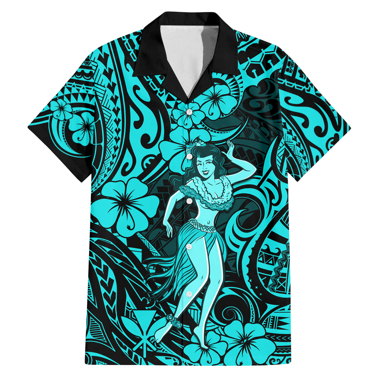 Hawaii Hula Girl Family Matching Mermaid Dress and Hawaiian Shirt Hibiscus Hawaii Tribal Tattoo Turquoise Version - Wonder Print Shop
