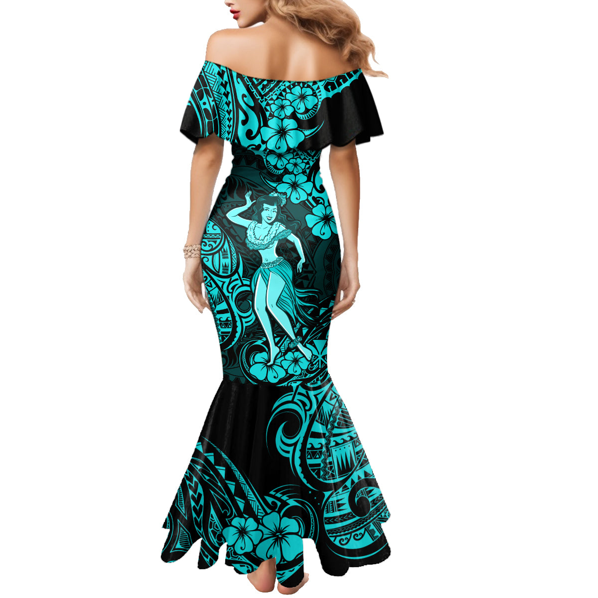 Hawaii Hula Girl Family Matching Mermaid Dress and Hawaiian Shirt Hibiscus Hawaii Tribal Tattoo Turquoise Version - Wonder Print Shop