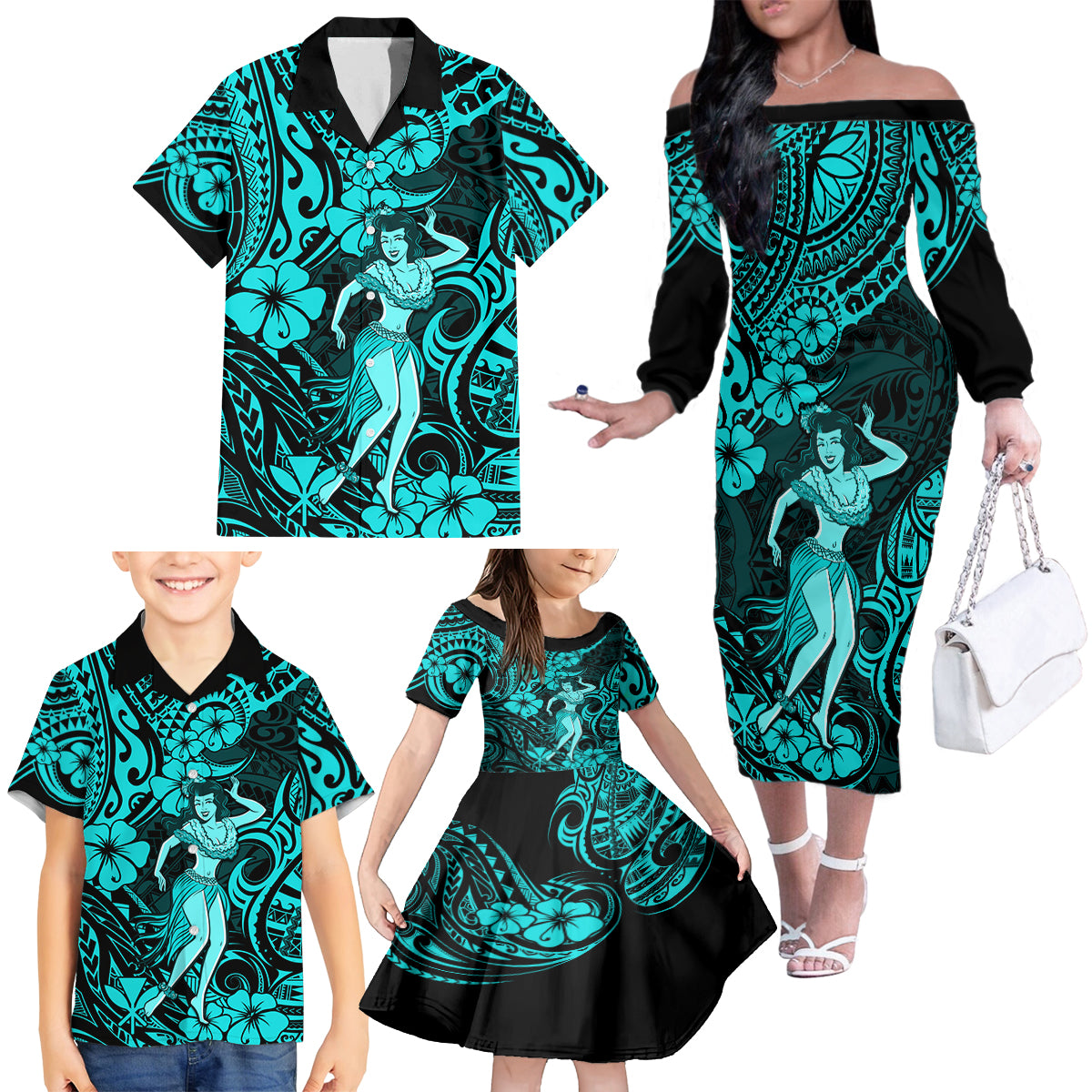 Hawaii Hula Girl Family Matching Off Shoulder Long Sleeve Dress and Hawaiian Shirt Hibiscus Hawaii Tribal Tattoo Turquoise Version - Wonder Print Shop
