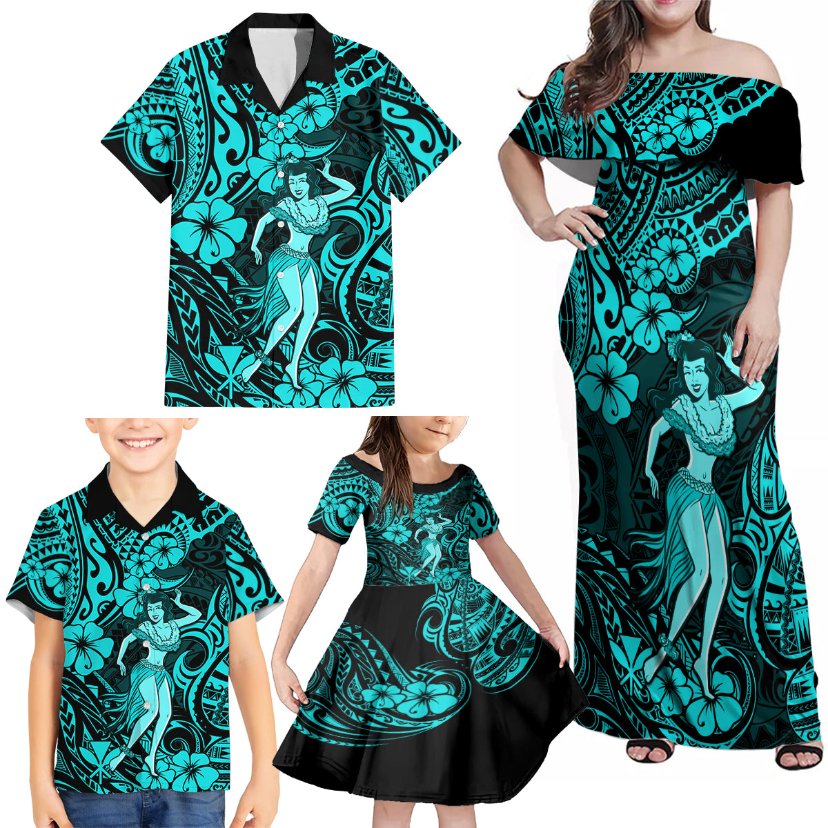 Hawaii Hula Girl Family Matching Off Shoulder Maxi Dress and Hawaiian Shirt Hibiscus Hawaii Tribal Tattoo Turquoise Version - Wonder Print Shop