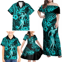 Hawaii Hula Girl Family Matching Off Shoulder Maxi Dress and Hawaiian Shirt Hibiscus Hawaii Tribal Tattoo Turquoise Version - Wonder Print Shop