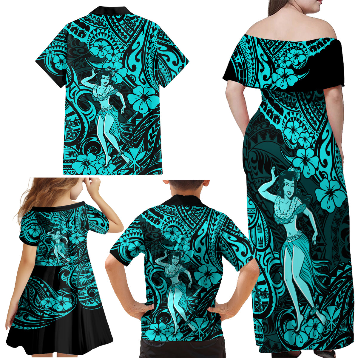 Hawaii Hula Girl Family Matching Off Shoulder Maxi Dress and Hawaiian Shirt Hibiscus Hawaii Tribal Tattoo Turquoise Version - Wonder Print Shop