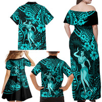 Hawaii Hula Girl Family Matching Off Shoulder Maxi Dress and Hawaiian Shirt Hibiscus Hawaii Tribal Tattoo Turquoise Version - Wonder Print Shop