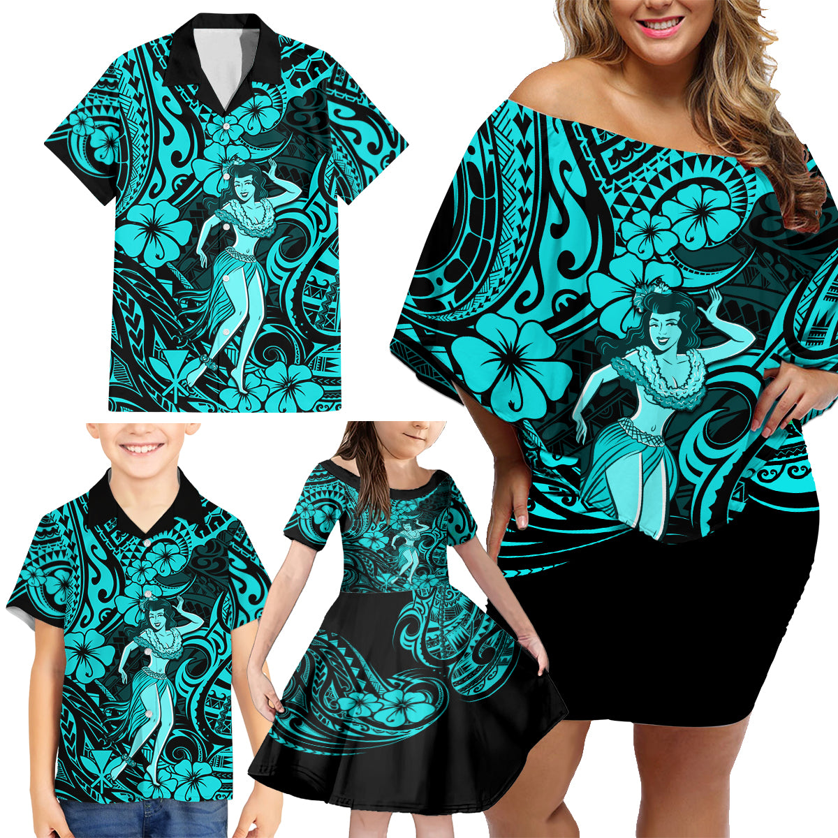 Hawaii Hula Girl Family Matching Off Shoulder Short Dress and Hawaiian Shirt Hibiscus Hawaii Tribal Tattoo Turquoise Version - Wonder Print Shop