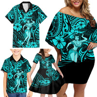 Hawaii Hula Girl Family Matching Off Shoulder Short Dress and Hawaiian Shirt Hibiscus Hawaii Tribal Tattoo Turquoise Version - Wonder Print Shop
