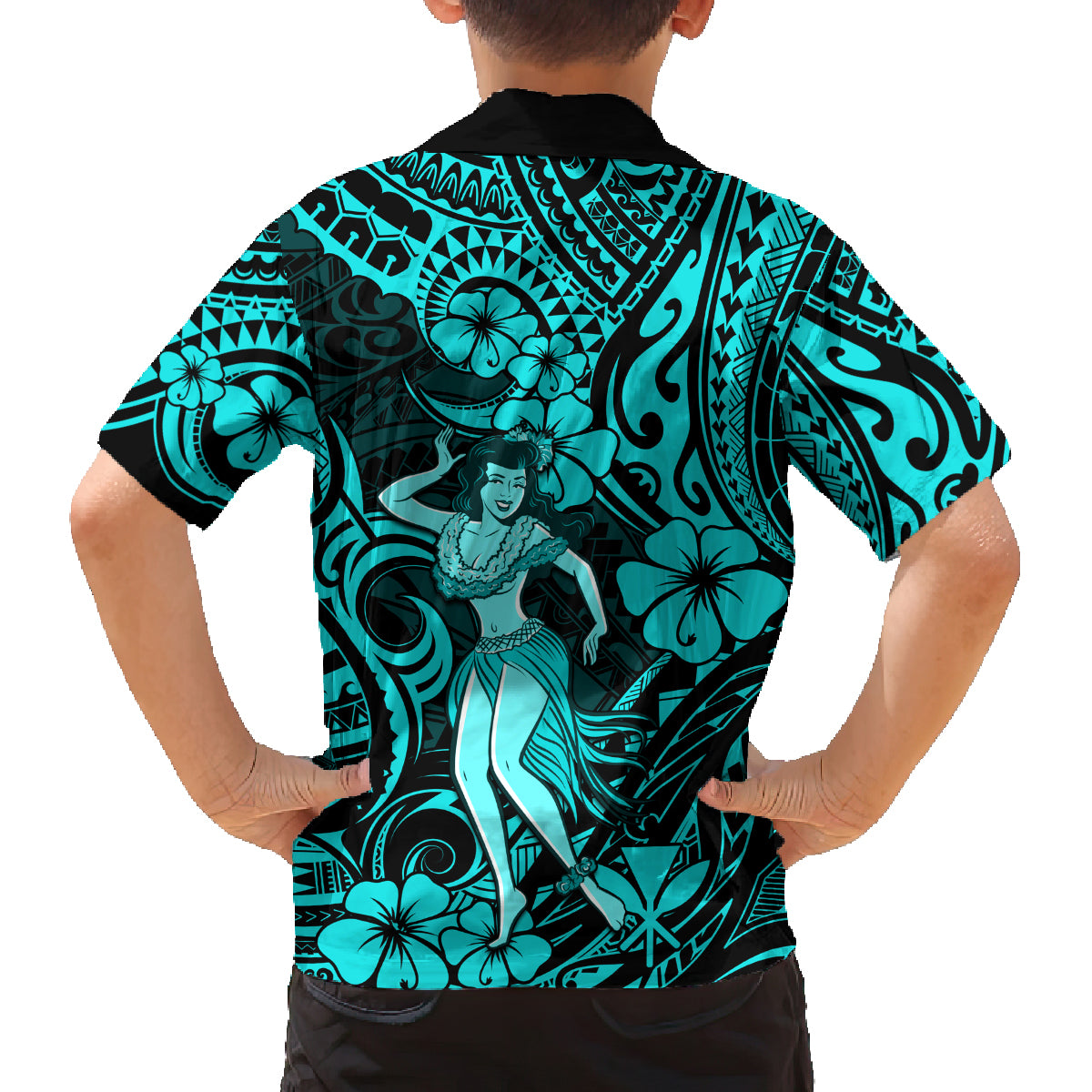 Hawaii Hula Girl Family Matching Puletasi Dress and Hawaiian Shirt Hibiscus Hawaii Tribal Tattoo Turquoise Version - Wonder Print Shop
