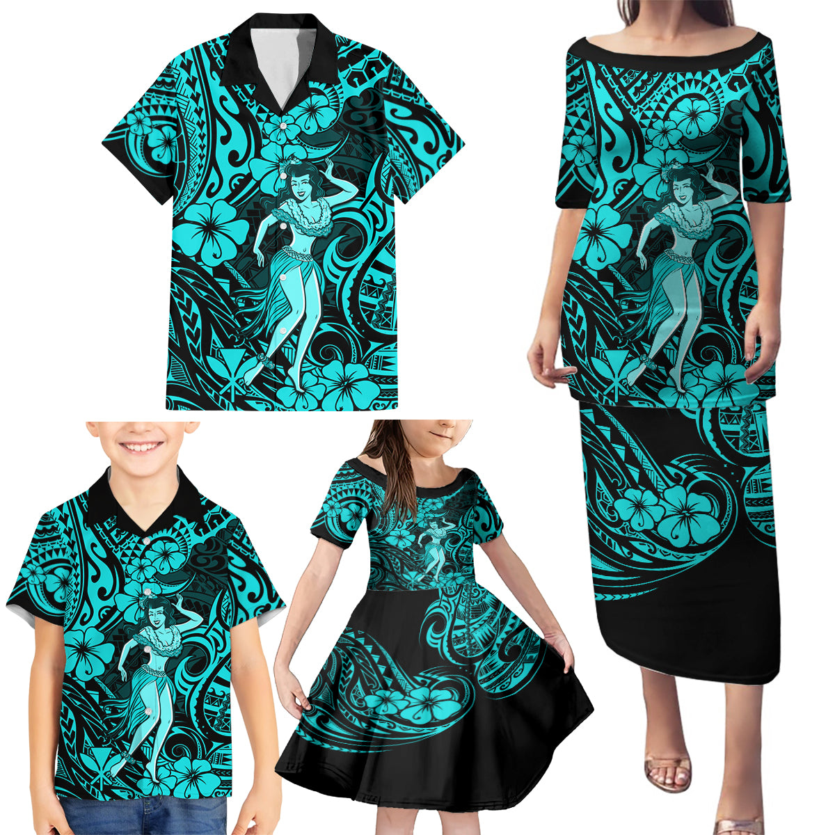 Hawaii Hula Girl Family Matching Puletasi Dress and Hawaiian Shirt Hibiscus Hawaii Tribal Tattoo Turquoise Version - Wonder Print Shop