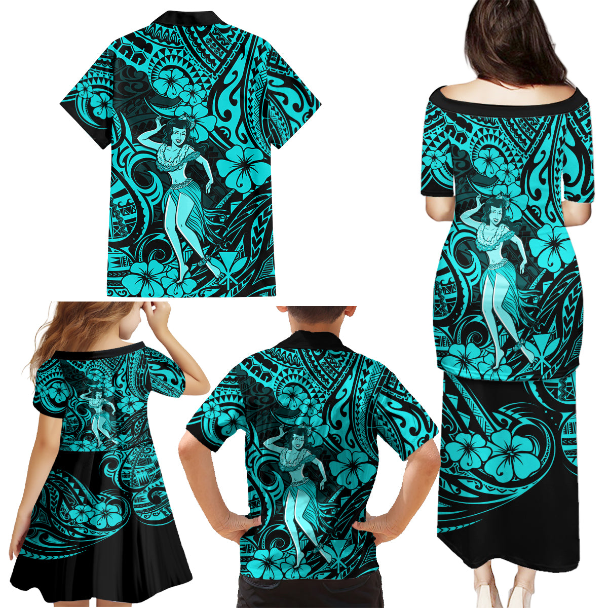 Hawaii Hula Girl Family Matching Puletasi Dress and Hawaiian Shirt Hibiscus Hawaii Tribal Tattoo Turquoise Version - Wonder Print Shop