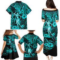 Hawaii Hula Girl Family Matching Puletasi Dress and Hawaiian Shirt Hibiscus Hawaii Tribal Tattoo Turquoise Version - Wonder Print Shop