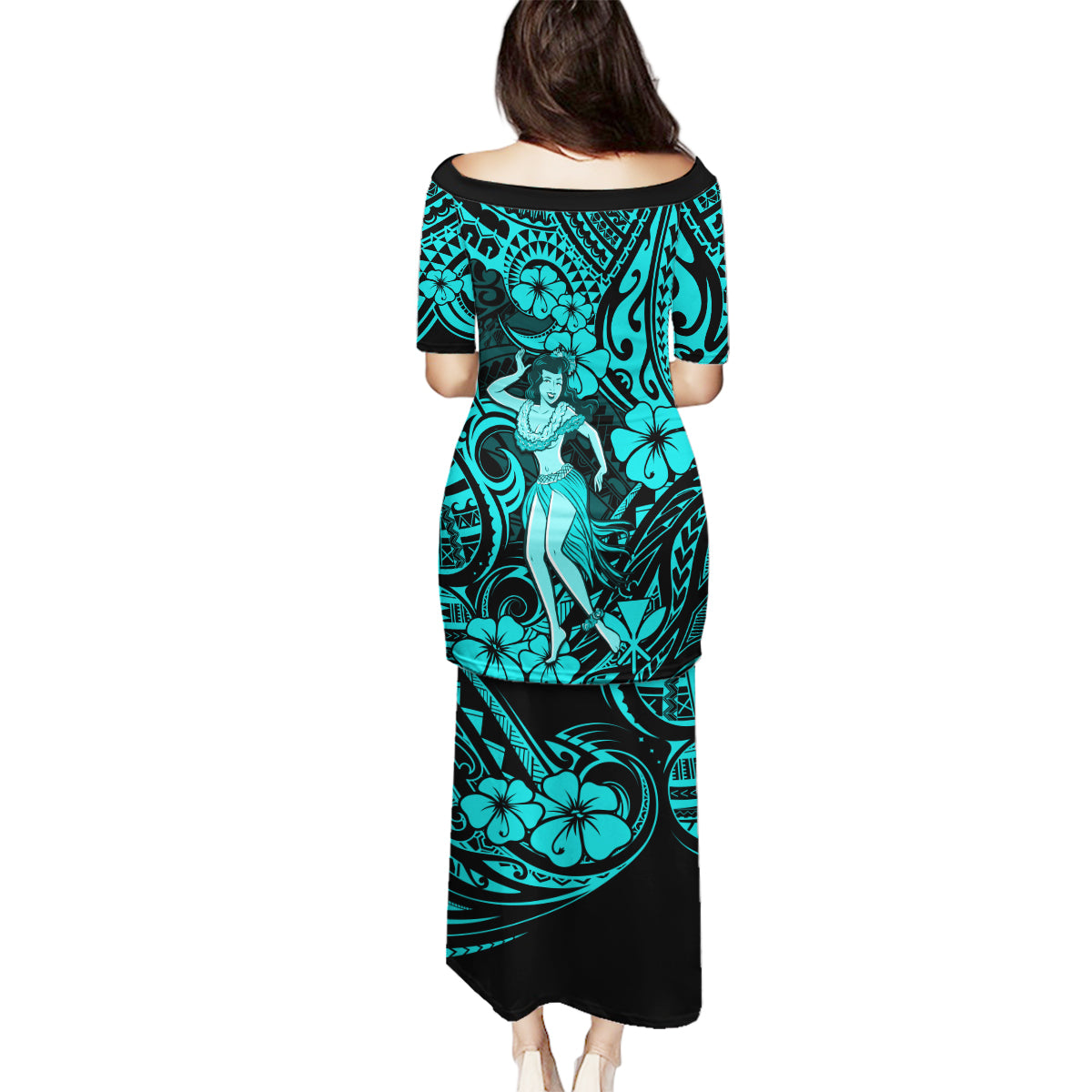 Hawaii Hula Girl Family Matching Puletasi Dress and Hawaiian Shirt Hibiscus Hawaii Tribal Tattoo Turquoise Version - Wonder Print Shop