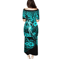Hawaii Hula Girl Family Matching Puletasi Dress and Hawaiian Shirt Hibiscus Hawaii Tribal Tattoo Turquoise Version - Wonder Print Shop