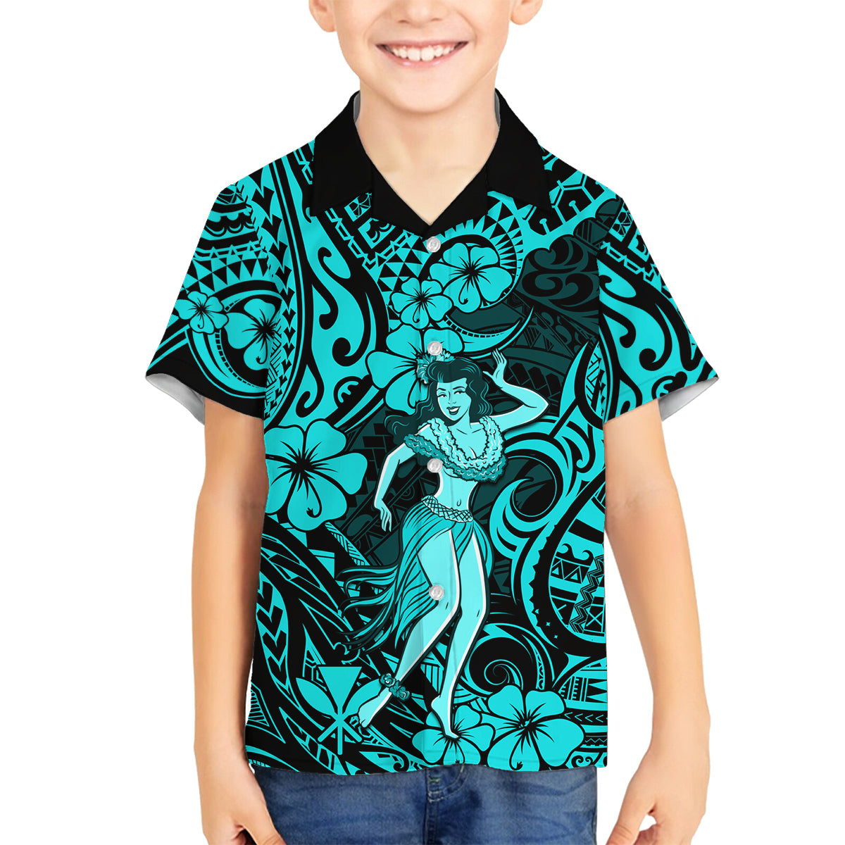 Hawaii Hula Girl Family Matching Puletasi Dress and Hawaiian Shirt Hibiscus Hawaii Tribal Tattoo Turquoise Version - Wonder Print Shop