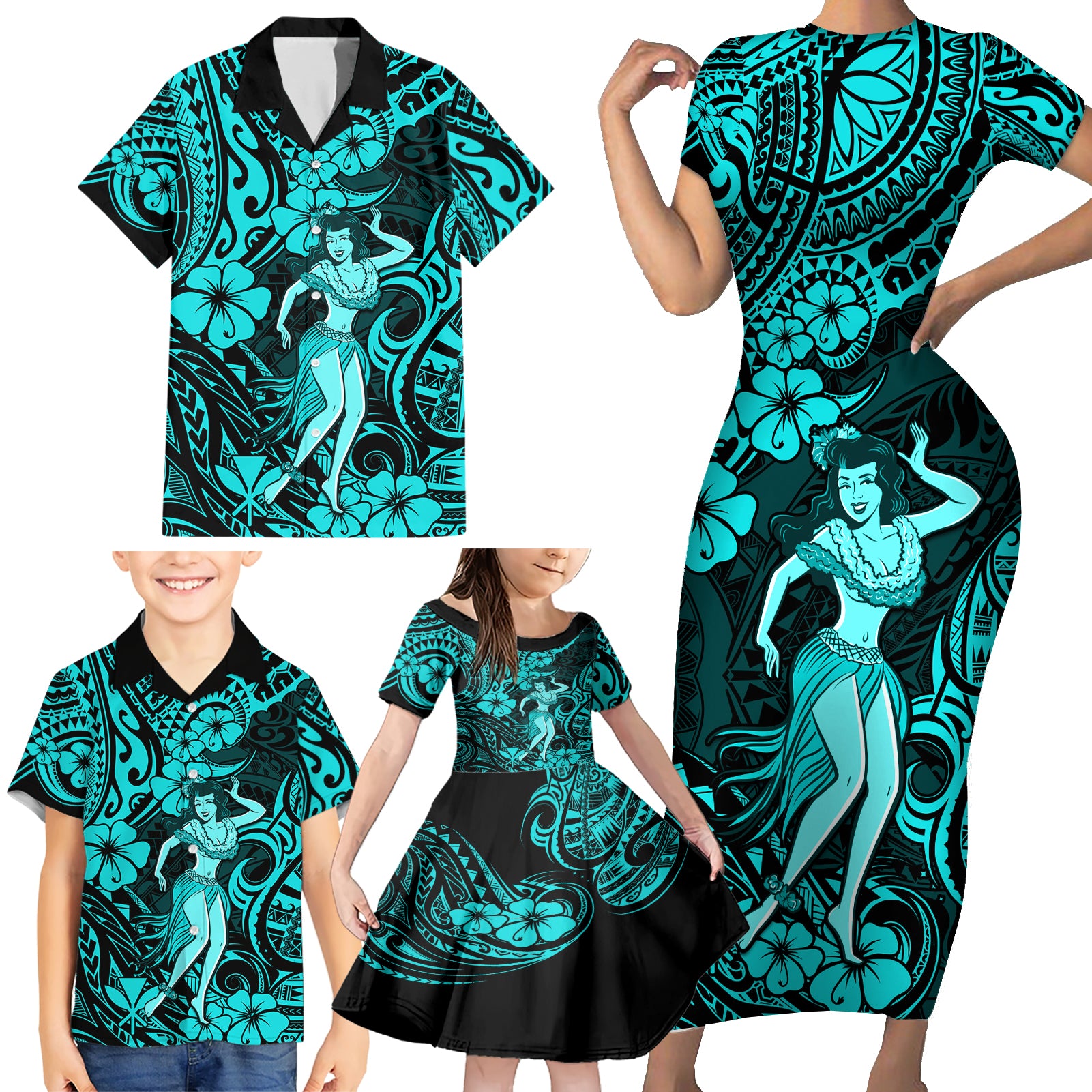 Hawaii Hula Girl Family Matching Short Sleeve Bodycon Dress and Hawaiian Shirt Hibiscus Hawaii Tribal Tattoo Turquoise Version - Wonder Print Shop