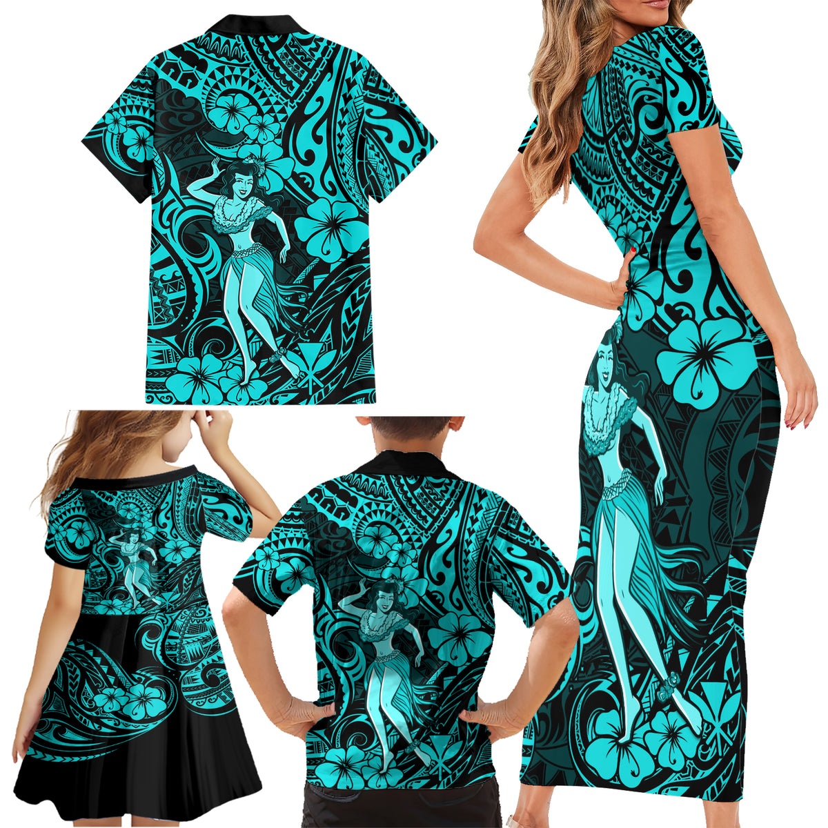 Hawaii Hula Girl Family Matching Short Sleeve Bodycon Dress and Hawaiian Shirt Hibiscus Hawaii Tribal Tattoo Turquoise Version - Wonder Print Shop