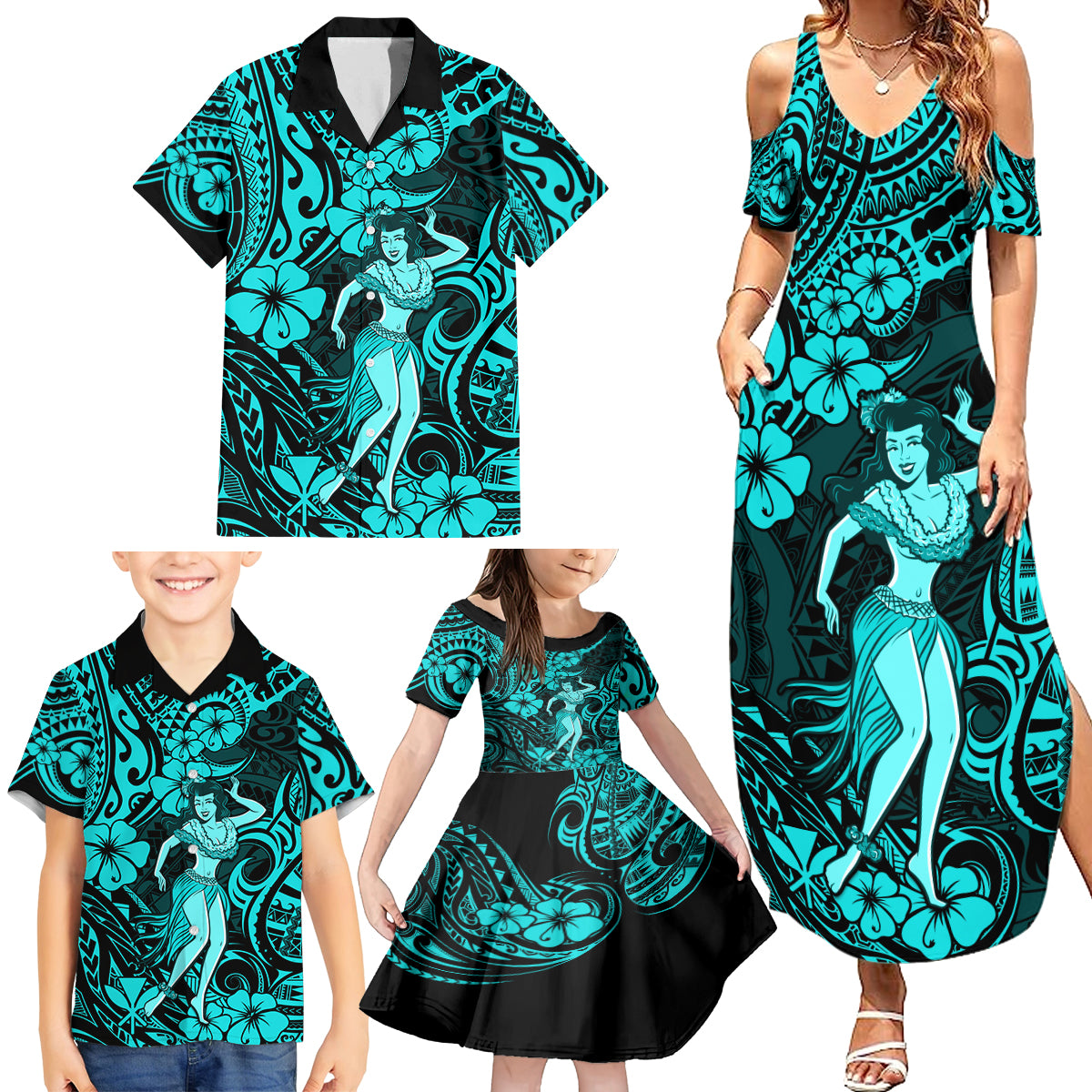 Hawaii Hula Girl Family Matching Summer Maxi Dress and Hawaiian Shirt Hibiscus Hawaii Tribal Tattoo Turquoise Version - Wonder Print Shop