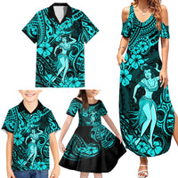 Hawaii Hula Girl Family Matching Summer Maxi Dress and Hawaiian Shirt Hibiscus Hawaii Tribal Tattoo Turquoise Version - Wonder Print Shop