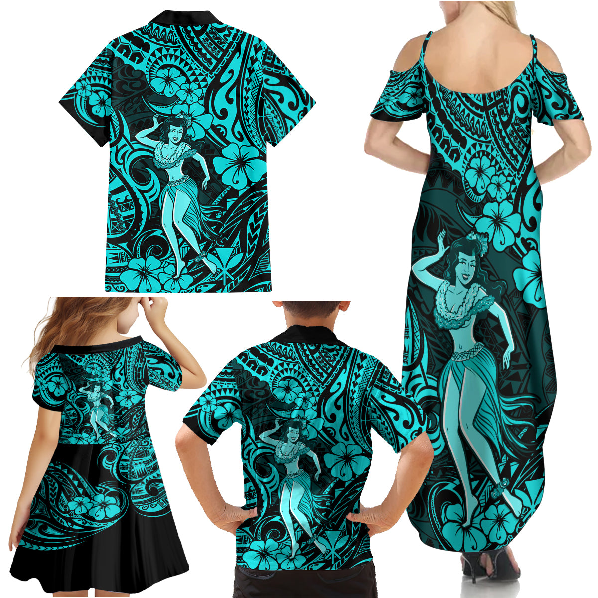 Hawaii Hula Girl Family Matching Summer Maxi Dress and Hawaiian Shirt Hibiscus Hawaii Tribal Tattoo Turquoise Version - Wonder Print Shop