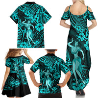 Hawaii Hula Girl Family Matching Summer Maxi Dress and Hawaiian Shirt Hibiscus Hawaii Tribal Tattoo Turquoise Version - Wonder Print Shop