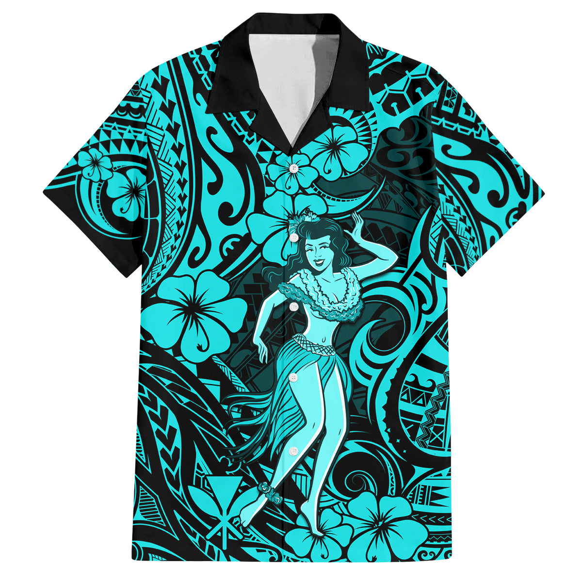 Hawaii Hula Girl Family Matching Summer Maxi Dress and Hawaiian Shirt Hibiscus Hawaii Tribal Tattoo Turquoise Version - Wonder Print Shop