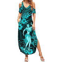 Hawaii Hula Girl Family Matching Summer Maxi Dress and Hawaiian Shirt Hibiscus Hawaii Tribal Tattoo Turquoise Version - Wonder Print Shop