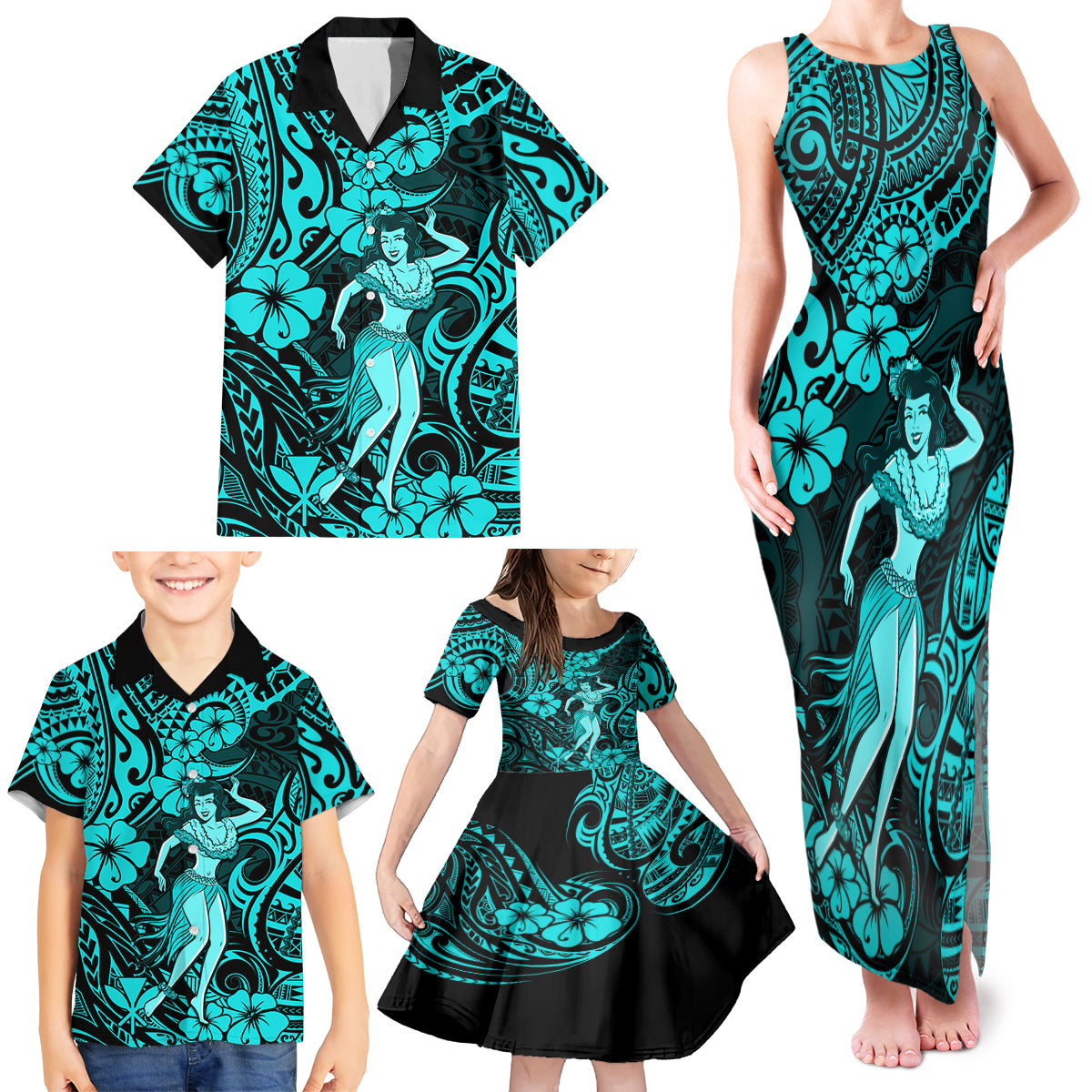 Hawaii Hula Girl Family Matching Tank Maxi Dress and Hawaiian Shirt Hibiscus Hawaii Tribal Tattoo Turquoise Version - Wonder Print Shop