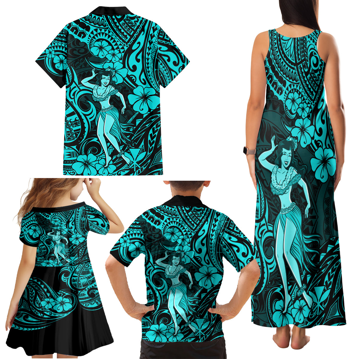Hawaii Hula Girl Family Matching Tank Maxi Dress and Hawaiian Shirt Hibiscus Hawaii Tribal Tattoo Turquoise Version - Wonder Print Shop