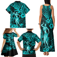 Hawaii Hula Girl Family Matching Tank Maxi Dress and Hawaiian Shirt Hibiscus Hawaii Tribal Tattoo Turquoise Version - Wonder Print Shop