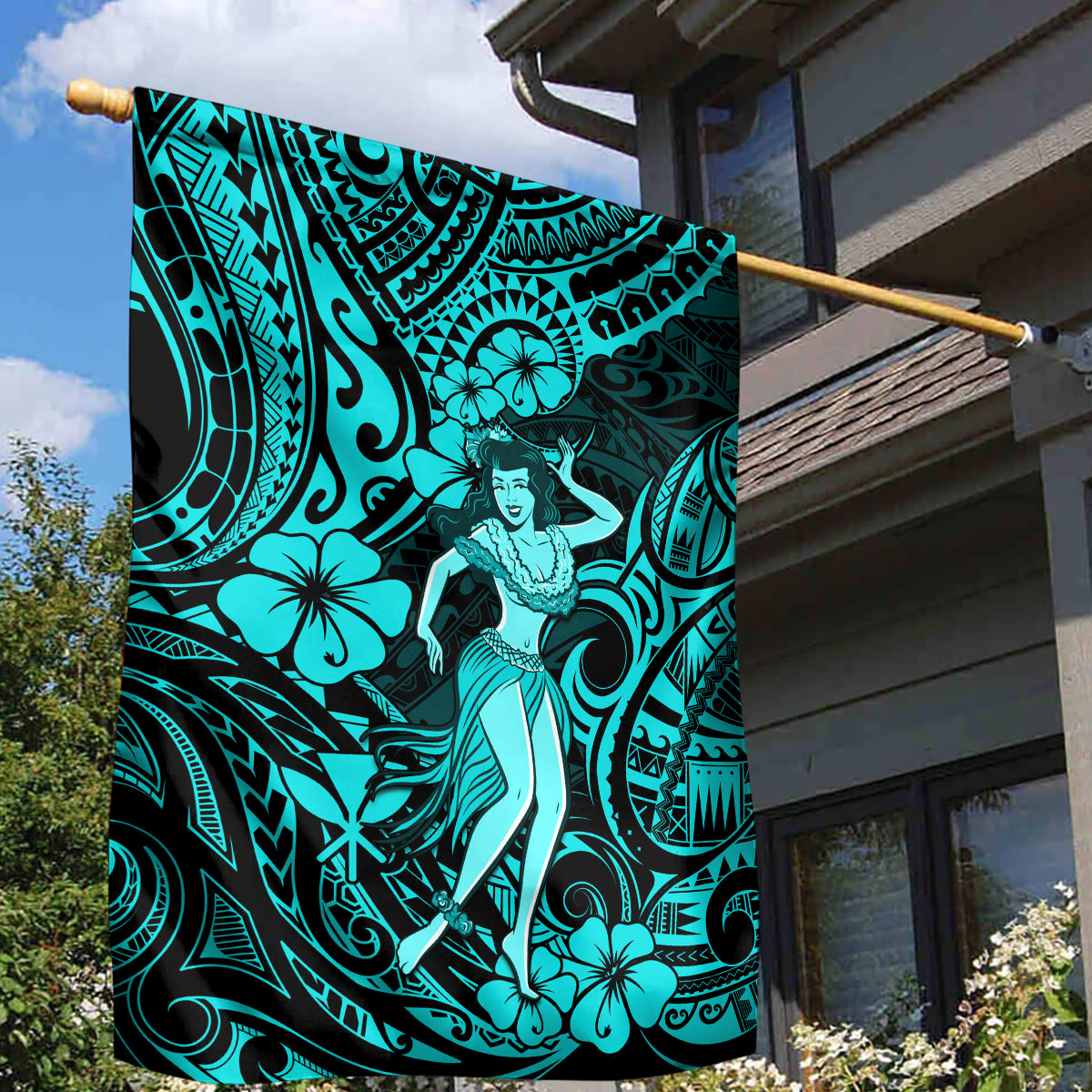 Hawaii Hula Girl Garden Flag Hibiscus Hawaii Tribal Tattoo Turquoise Version - Wonder Print Shop