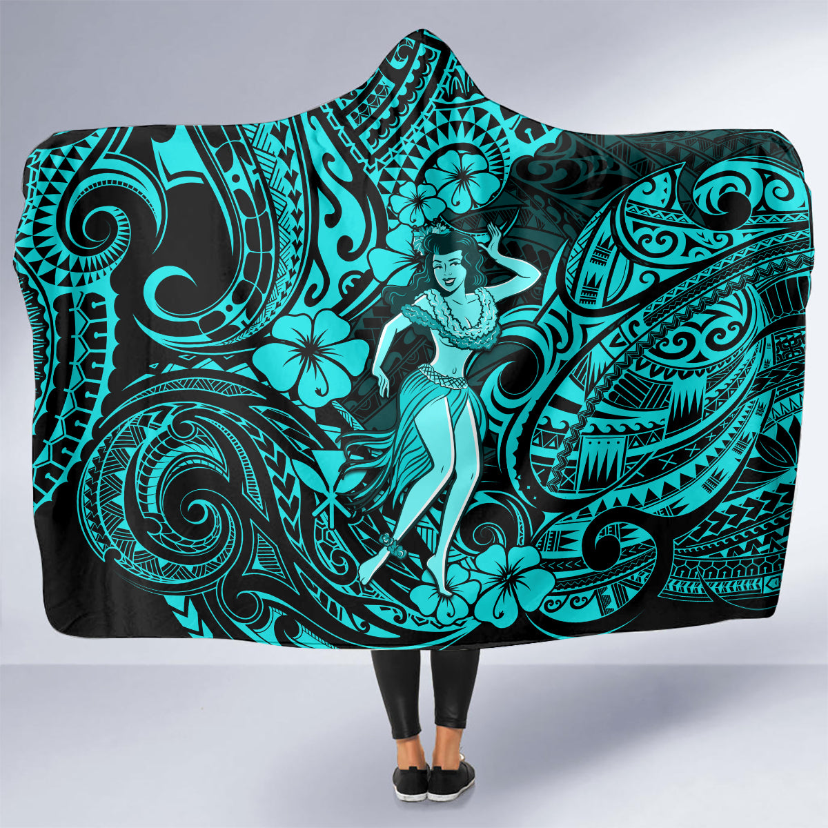 hawaii-hula-girl-hooded-blanket-hibiscus-hawaii-tribal-tattoo-turquoise-version
